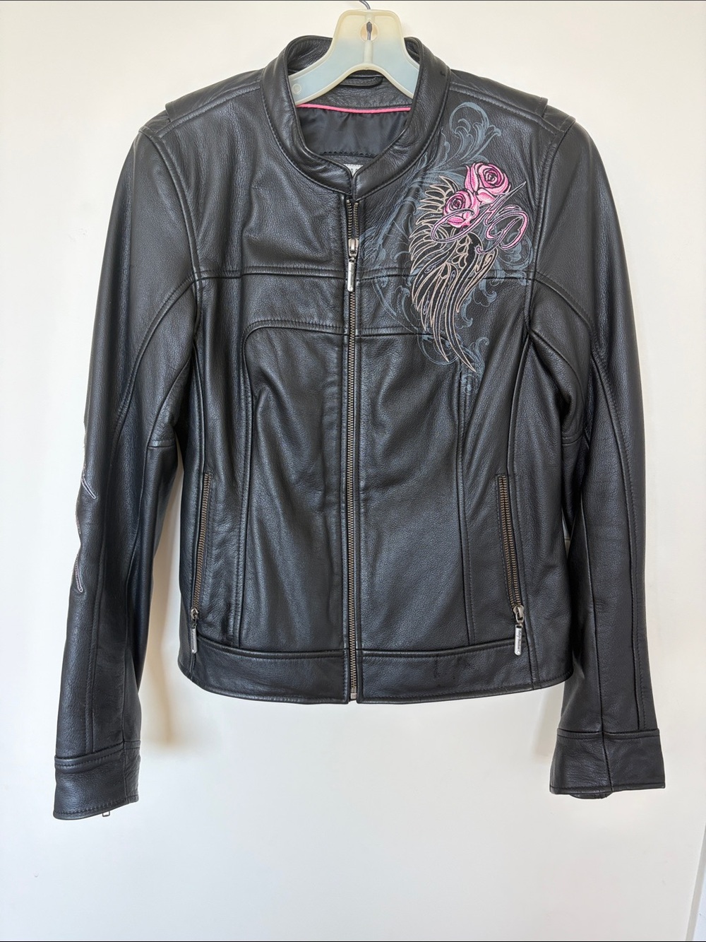 Harley-Davidson Black Leather Jacket with Pink Rose Accent